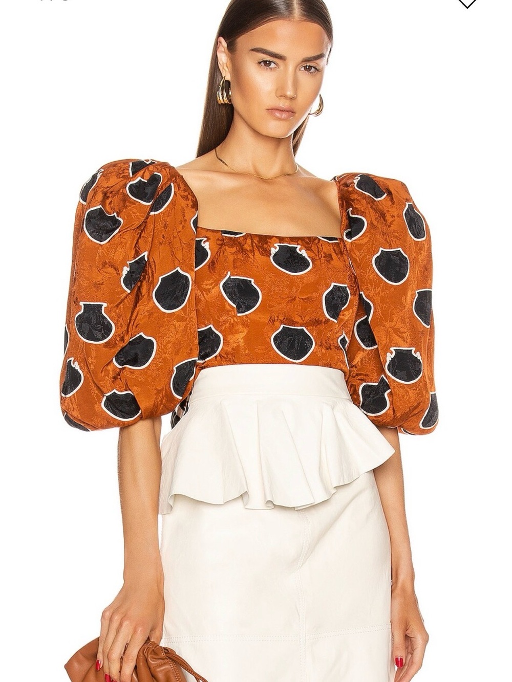 Johanna Ortiz Rust Puff-Sleeve Crop Top with Black Floral Motif